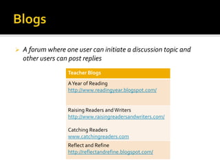 VoiceThreadSmileboxwww.smilebox.comStorybirdhttp://storybird.com/teachers/voicethreadwww.ed.voicethread.comBlogsA forum where one user can initiate a discussion topic and other users can post repliesEdublog