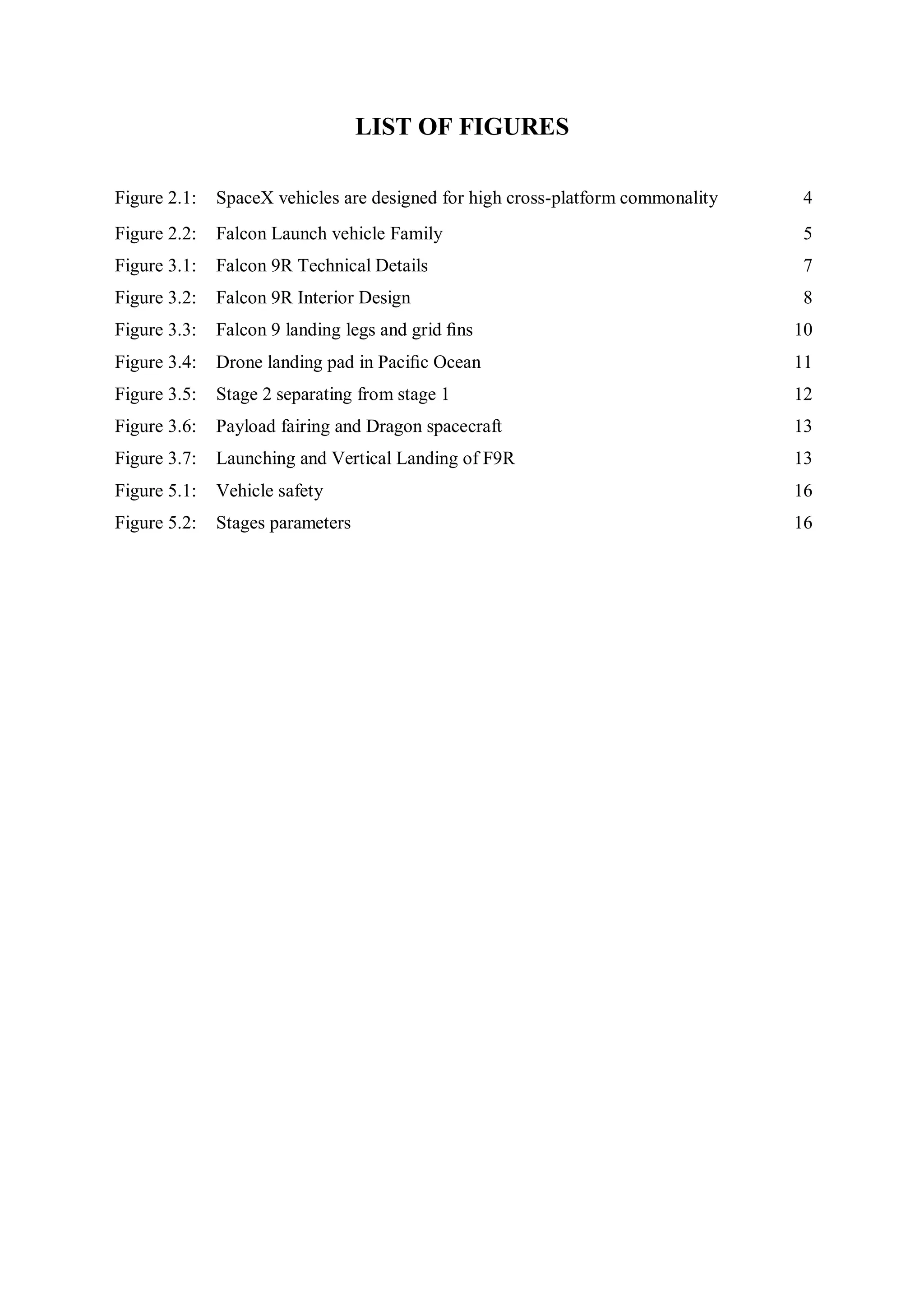 LIST OF FIGURES
Figure 2.1: SpaceX vehicles are designed for high cross-platform commonality 4
Figure 2.2: Falcon Launch vehicle Family 5
Figure 3.1: Falcon 9R Technical Details 7
Figure 3.2: Falcon 9R Interior Design 8
Figure 3.3: Falcon 9 landing legs and grid ﬁns 10
Figure 3.4: Drone landing pad in Paciﬁc Ocean 11
Figure 3.5: Stage 2 separating from stage 1 12
Figure 3.6: Payload fairing and Dragon spacecraft 13
Figure 3.7: Launching and Vertical Landing of F9R 13
Figure 5.1:
Figure 5.2:
Vehicle safety
Stages parameters
16
16
 