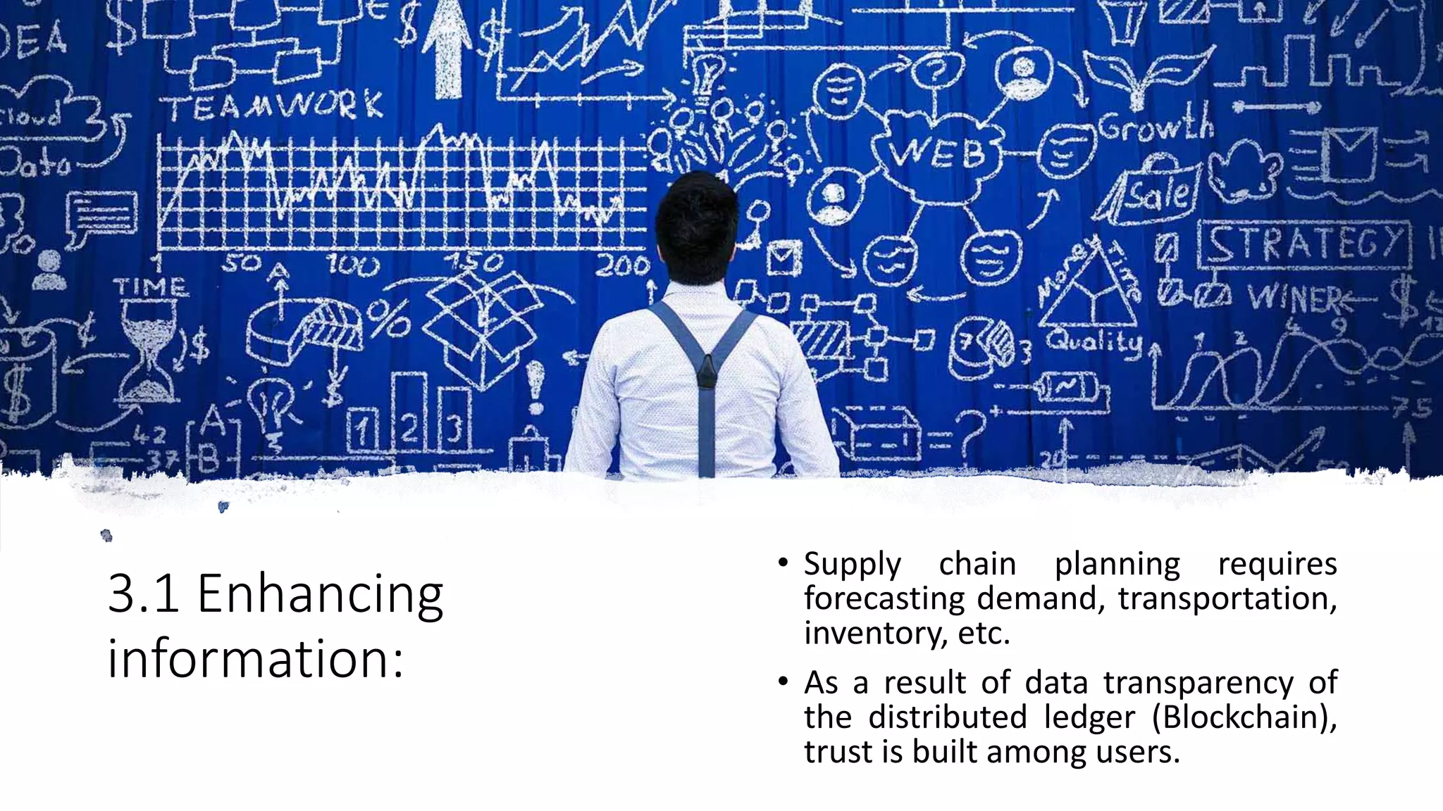 3.1 Enhancing
information:
• Supply chain planning requires
forecasting demand, transportation,
inventory, etc.
• As a result of data transparency of
the distributed ledger (Blockchain),
trust is built among users.
 