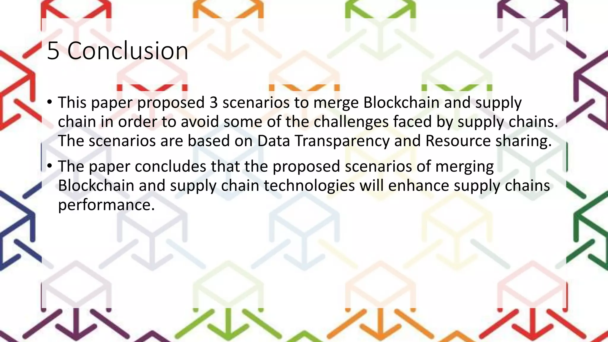 5 Conclusion
• This paper proposed 3 scenarios to merge Blockchain and supply
chain in order to avoid some of the challenges faced by supply chains.
The scenarios are based on Data Transparency and Resource sharing.
• The paper concludes that the proposed scenarios of merging
Blockchain and supply chain technologies will enhance supply chains
performance.
 