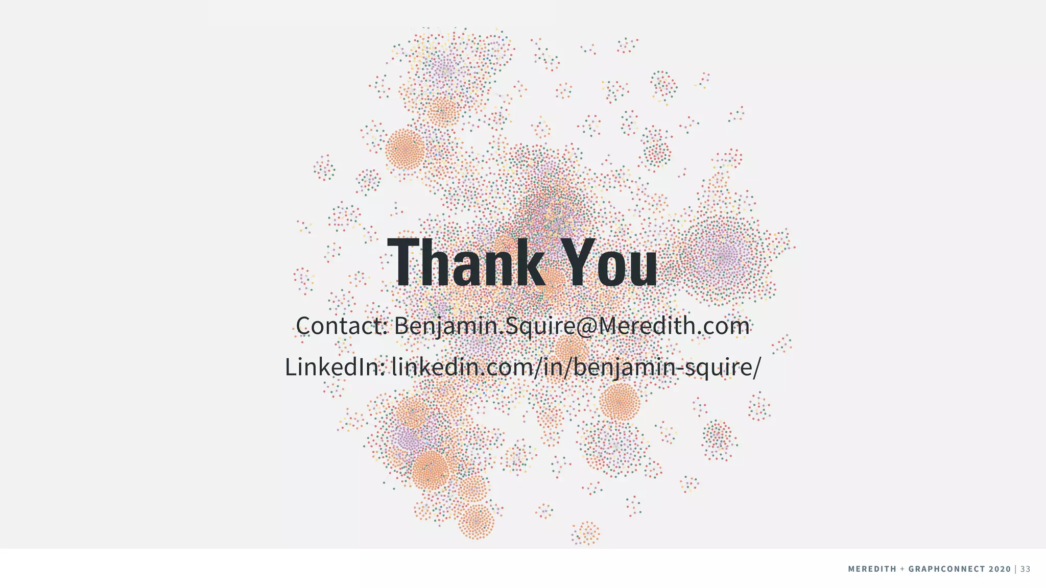 MEREDITH + CLIENT NAME | 33MEREDITH + CLIENT NAME | 33MEREDITH + GRAPHCONNECT 2020 | 33
Thank You
Contact: Benjamin.Squire@Meredith.com
LinkedIn: linkedin.com/in/benjamin-squire/
 