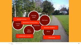 Running 
                                         shoes
   Synched tracking
                                                       iPod nano
                        Networked running events
Tracking 
  tools                                    Pedometer
                                                         Voiceover feedback
                               Nike+ 
                              website                         Music


         Collabora/ve running
                                                                   Powersongs



 © 2010 adaptive path                                                           26
 