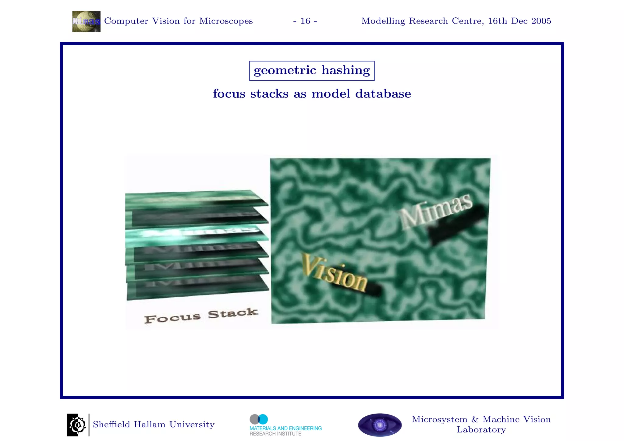 Computer Vision for Microscopes        - 16 -    Modelling Research Centre, 16th Dec 2005




                                    geometric hashing
                        focus stacks as model database




                                                             Microsystem & Machine Vision
Sheﬃeld Hallam University
                                                                      Laboratory
 