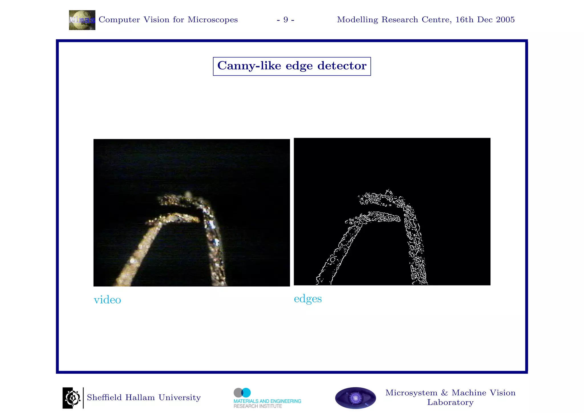 Computer Vision for Microscopes    -9-        Modelling Research Centre, 16th Dec 2005




                            Canny-like edge detector




 video                                  edges




                                                          Microsystem & Machine Vision
Sheﬃeld Hallam University
                                                                   Laboratory
 