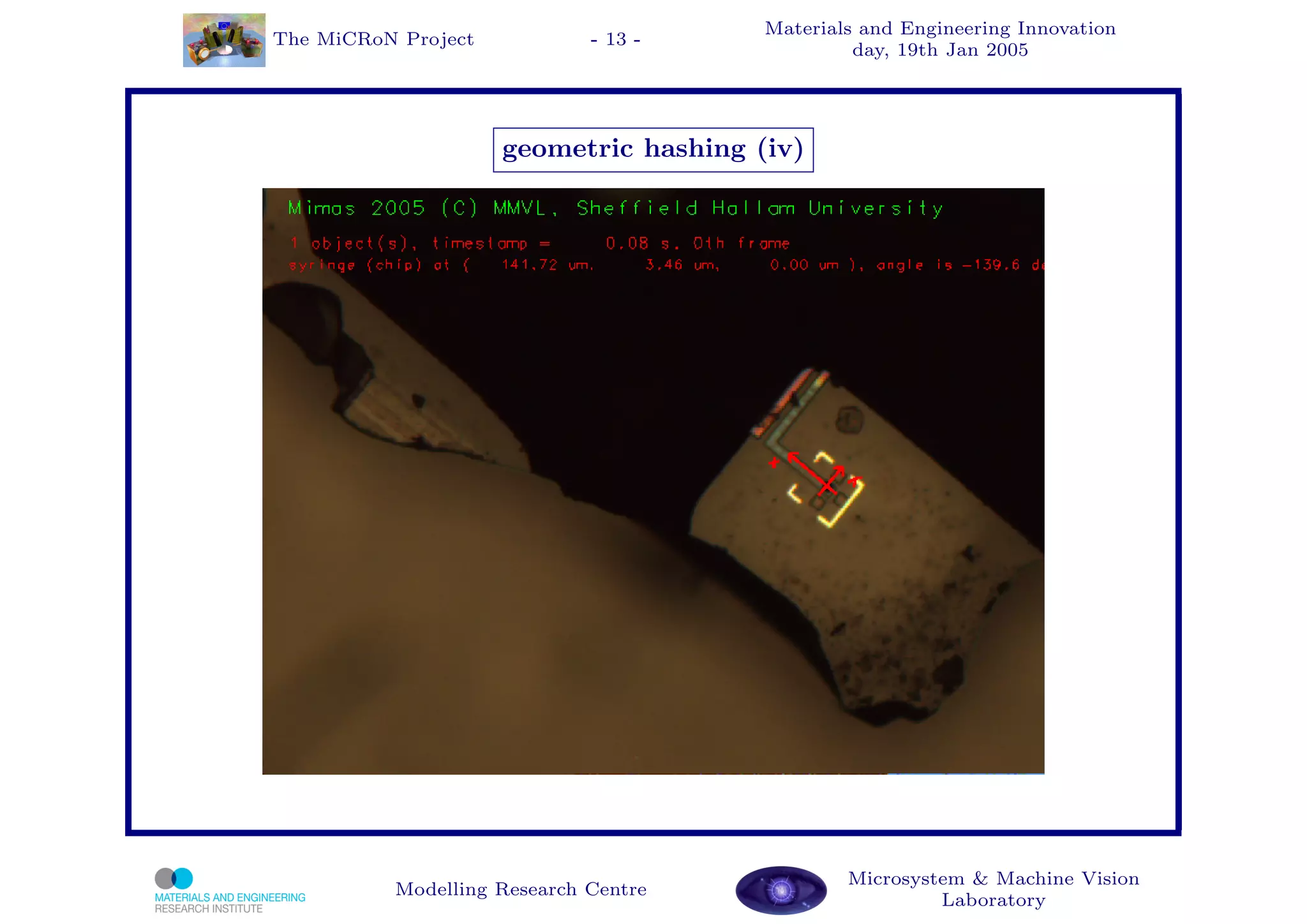 Materials and Engineering Innovation
The MiCRoN Project           - 13 -
                                                 day, 19th Jan 2005




                     geometric hashing (iv)




                                                Microsystem & Machine Vision
          Modelling Research Centre
                                                         Laboratory
 