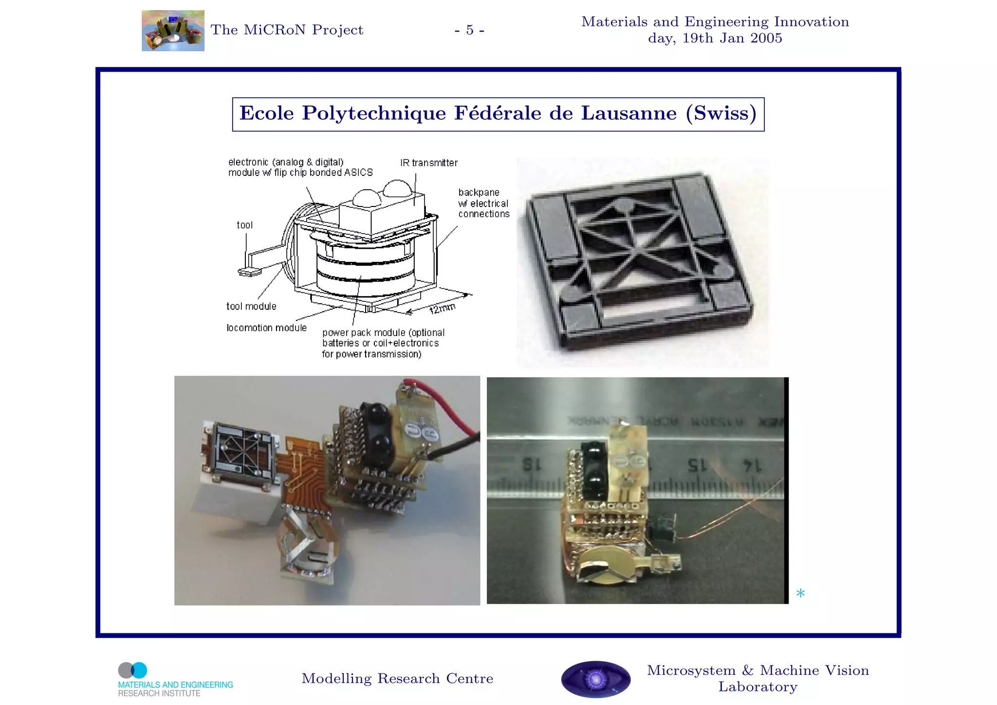 Materials and Engineering Innovation
The MiCRoN Project           -5-
                                               day, 19th Jan 2005




   Ecole Polytechnique F´d´rale de Lausanne (Swiss)
                        e e




                                                                  *


                                              Microsystem & Machine Vision
          Modelling Research Centre
                                                       Laboratory
 