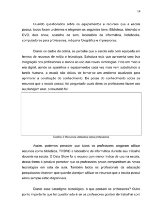 Quando questionados sobre os equipamentos e recursos que a escola
possui, todos foram unânimes e elegeram os seguintes itens: Biblioteca, televisão e
DVD, data show, aparelho de som, laboratório de informática, Notebooks,
computadores para professores, máquina fotográfica e impressoras.
Diante os dados da coleta, se percebe que a escola está bem equipada em
termos de recursos de mídia e tecnologia. Estrutura esta que apresenta uma boa
integração dos profissionais e alunos ao uso das novas tecnologias. Pois em meio a
era digital, aonde os aparelhos e equipamentos cada vez mais vem substituindo a
tarefa humana, a escola não deixou de tornar-se um ambiente atualizado para
aprimorar a construção do conhecimento. De posse do conhecimento sobre os
recursos que a escola possui, foi perguntado quais deles os professores fazem uso
ou planejam usar, o resultado foi:
Gráfico 4: Recursos utilizados pelos professores
Assim, podemos perceber que todos os professores alegaram utilizar
recursos como biblioteca, TV/DVD e laboratório de informática durante seu trabalho
docente na escola. O Data Show foi o recurso com menor índice de uso na escola,
dessa forma é possível perceber que os professores pouco compartilham as novas
tecnologias em sala de aula. Também todos os profissionais da educação
pesquisados disseram que quando planejam utilizar os recursos que a escola possui
estes sempre estão disponíveis.
Diante esse paradigma tecnológico, o que pensam os professores? Outro
ponto importante que foi questionado é se os professores gostam de trabalhar com
14
 