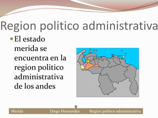 SuperficieEl estado merida tiene un superficie territorial de 11.300 km² (1,23 % del total nacional) lo que significa  que   es un estado pequeño comparado a muchos   otros.Merida                                     Diego Hernandez                          Superficie
