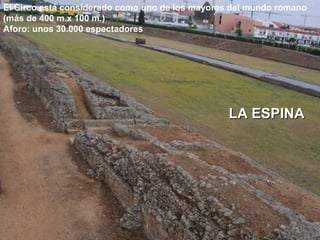 El Circo está considerado como uno de los mayores del mundo romano
(más de 400 m.x 100 m.)
Aforo: unos 30.000 espectadores

LA ESPINA

 