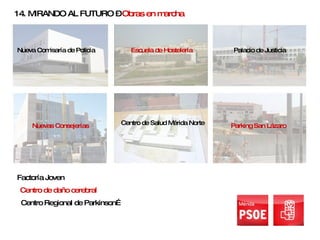 14. MIRANDO AL FUTURO –  Obras en marcha Factoría Joven Centro Regional de Parkinson… Centro de daño cerebral Nueva Comisaría de Policía Escuela de Hostelería Palacio de Justicia Nuevas Consejerías Centro de Salud Mérida Norte Parking San Lázaro 