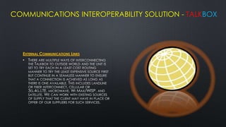 COMMUNICATIONS INTEROPERABILITY SOLUTION - TALKBOX




  EXTERNAL COMMUNICATIONS LINKS
  •
 