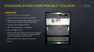 COMMUNICATIONS INTEROPERABILITY SOLUTION - TALKBOX

COMPONENTS
•
•
•

•
•
•
•


•
•
 