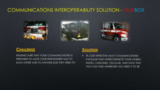 COMMUNICATIONS INTEROPERABILITY SOLUTION - TALKBOX




   CHALLENGE               SOLUTION
                           •
 