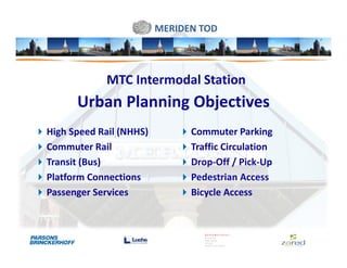 MERIDEN TOD



            MTC Intermodal Station
      Urban Planning Objectives
High Speed Rail (NHHS)         Commuter Parking
Commuter Rail                  Traffic Circulation
Transit (Bus)                  Drop-Off / Pick-Up
Platform Connections           Pedestrian Access
Passenger Services             Bicycle Access
 