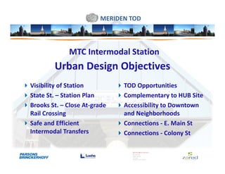 MERIDEN TOD



             MTC Intermodal Station
        Urban Design Objectives
Visibility of Station         TOD Opportunities
State St. – Station Plan      Complementary to HUB Site
Brooks St. – Close At-grade   Accessibility to Downtown
Rail Crossing                 and Neighborhoods
Safe and Efficient            Connections - E. Main St
Intermodal Transfers          Connections - Colony St
 