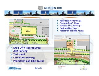 MERIDEN TOD



                                      Raised Rail Platforms (2)
                                      “Up-and-Over” Bridge
                                      Dedicated Bus Berths (6)
                                      Dedicated Bus Lane
                                      Pedestrian and Bike Access




Drop-Off / Pick-Up Area
ADA Parking
Taxi Stand
Commuter Parking
Pedestrian and Bike Access
 