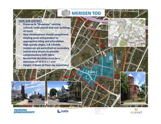 MERIDEN TOD
CIVIC SUB-DISTRICT:
• Preserve & “Showcase” existing
    cultural, institutional and civic buildings
    of merit
• New development should compliment
    existing scale and grandeur to
    appropriate siting and articulation
• High quality single, 2 & 3 family
    residences are permitted on secondary
    and tertiary streets to provide
    complimentary infill fabric
• Residential densities must be a
    minimum of 10 D.U.s / acre
• Height: 4 floors [6 floors by incentives]

                                                        Civic
 