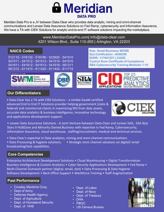 Size: Small Business WOSB
8(a) Certification - #308350
DUNS: 117641221 | CAGE:
Control Scan Certificate of Compliance
SBA Cybersecurity Training Modules 1-10
www.MeridianDataPro.com| info@data-clear.com
4201 Wilson Blvd., Suite 110-265 | Arlington, VA 22203
Core Competencies
NAICS Codes
Past Performance
• Crowley Maritime Corp.
• Dept of Army
• Defense Health Agency
• Dept. of Agriculture
• Dept. of Homeland Security
• Dept. of HHS
• Dept. of Labor
• Dept. of Navy
• Dept. of Treasury
• DHA
• PBGC
• US Census Bureau
Our Differentiators
• Data-Clear has a TA with CIEK Solutions – a nimble SwaM certified
advanced End to End IT Solutions provider helping government (state &
federal) and commercial clients in maximizing ROI from data assets,
accurate data analytics & business intelligence, innovative technology
and applications development support.
• Data-Clear's expertise in Data analytics, mining and omni-channel communications.
• Data Processing & hygiene solutions. • Strategic omni channel solutions on digital/ email
broadcasting/text capabilities.
• Leneer Data Assurance Solutions - A Joint Venture between Data-Clear and Leneer DAS, GSA 8(a)
Stars II HUBZone and Minority Owned Business with expertise in Fed Ramp, Cybersaecurity,
Information Assurance, cloud warehouse, staffing/recruitment, medical and technical services.
Enterprise Architecture Development Solutions • Cloud Warehousing • Digital Transformation
Business Intelligence & Custom Analytics • Cyber Security Applications Development • Fed Ramp •
Multi-Channel Outreach partner (digital, email, text) • Data Processing & Data Hygiene
Software Development • Back Office Support • Workforce Training • Staff Augmentation
Meridian Data Pro is a JV between Data-Clear who provides data analytic, mining and omni-channel
communications and Leneer Data Assurance Solutions on Fed Ramp, cybersecurity and Information Assurance.
We have a TA with CIEK Solutions for analytic end-to-end IT software solutions impacting the marketplace.
512110 - 519130 - 519190 - 523920 - 541510
541511 - 541512 - 541513 - 541519 - 541910
541611 - 541612 - 541613 - 541618 - 561311
561312 - 611410 - 611420 - 611430 - 611710
 