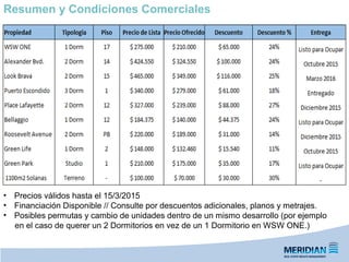 Resumen y Condiciones Comerciales
• Precios válidos hasta el 15/3/2015
• Financiación Disponible // Consulte por descuentos adicionales, planos y metrajes.
• Posibles permutas y cambio de unidades dentro de un mismo desarrollo (por ejemplo
en el caso de querer un 2 Dormitorios en vez de un 1 Dormitorio en WSW ONE.)
 