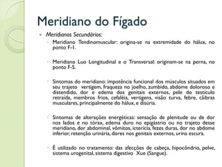 Meridiano do Fígado
 Meridianos Secundários:
◦ Meridiano Tendinomuscular: origina-se na extremidade do hálux, no
ponto F-1.
◦ Meridiano Luo Longitudinal e o Transversal: originam-se na perna, no
ponto F-5.
◦ Sintomas do meridiano: impotência funcional dos músculos situados em
seu trajeto vertigem, fraqueza no joelho, zumbido, abdome doloroso e
distendido, dor e edema dos genitais externos, pele do testículo
retraída, membros frios, cefaléia, vertigens, visão turva, febre, cãibras
musculares, principalmente do hálux, e disúria.
◦ Sintomas de alterações energéticas: sensação de plenitude ou de dor
nos lados e no tórax, edema duro no epigástrio ou no trajeto desse
meridiano, dor abdominal, vômitos, icterícia, fezes duras, dor no abdome
inferior, retenção urinária, dores nos genitais externos, urina escura.
◦ É utilizado no tratamento: das afecções de cabeça, hipocôndrio, pelve,
sistema urogenital, sistema digestivo Xue (Sangue).
 