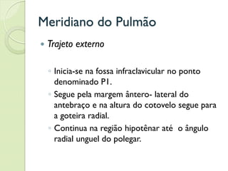 Meridiano do Pulmão
 Trajeto externo
◦ Inicia-se na fossa infraclavicular no ponto
denominado P1.
◦ Segue pela margem ântero- lateral do
antebraço e na altura do cotovelo segue para
a goteira radial.
◦ Continua na região hipotênar até o ângulo
radial unguel do polegar.
 