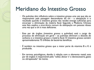 Meridiano do Intestino Grosso
◦ Os pulmões têm influência sobre o intestino grosso uma vez que são os
responsáveis pela passagem descendente do chi - a obstipação é o
resultado quando o intestino grosso não recebe energia suficiente para
encorajar a eliminação da matéria fecal. Segundo a Medicina Chinesa
este fato explica a ocorrência comum da obstipação em pessoas idosas
uma vez que o chi é mais deficiente.
◦ Este par de órgãos (intestino grosso e pulmões) está a cargo do
processo de eliminação em geral – os pulmões eliminam o dióxido de
carbono e o intestino grosso a matéria fecal. O intestino grosso contém
aproximadamente 75 trilhões de bactérias benéficas.
◦ É também no intestino grosso que a maior parte da vitamina B e K é
produzida.
◦ Em termos psicológicos, devido à relação com o elemento metal, este
par de órgãos é responsável pelo “soltar, deixar ir o desnecessário, gasto
ou ultrapassado” da mente.
 