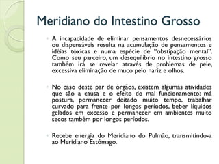 Meridiano do Intestino Grosso
◦ A incapacidade de eliminar pensamentos desnecessários
ou dispensáveis resulta na acumulação de pensamentos e
idéias tóxicas e numa espécie de “obstipação mental”.
Como seu parceiro, um desequilíbrio no intestino grosso
também irá se revelar através de problemas de pele,
excessiva eliminação de muco pelo nariz e olhos.
◦ No caso deste par de órgãos, existem algumas atividades
que são a causa e o efeito do mal funcionamento: má
postura, permanecer deitado muito tempo, trabalhar
curvado para frente por longos períodos, beber líquidos
gelados em excesso e permanecer em ambientes muito
secos também por longos períodos.
◦ Recebe energia do Meridiano do Pulmão, transmitindo-a
ao Meridiano Estômago.
 