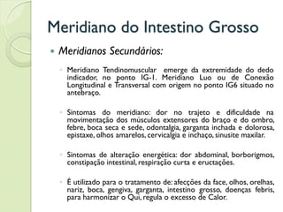 Meridiano do Intestino Grosso
 Meridianos Secundários:
◦ Meridiano Tendinomuscular emerge da extremidade do dedo
indicador, no ponto IG-1. Meridiano Luo ou de Conexão
Longitudinal e Transversal com origem no ponto IG6 situado no
antebraço.
◦ Sintomas do meridiano: dor no trajeto e dificuldade na
movimentação dos músculos extensores do braço e do ombro,
febre, boca seca e sede, odontalgia, garganta inchada e dolorosa,
epistaxe, olhos amarelos, cervicalgia e inchaço, sinusite maxilar.
◦ Sintomas de alteração energética: dor abdominal, borborigmos,
constipação intestinal, respiração curta e eructações.
◦ É utilizado para o tratamento de: afecções da face, olhos, orelhas,
nariz, boca, gengiva, garganta, intestino grosso, doenças febris,
para harmonizar o Qui, regula o excesso de Calor.
 