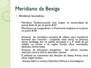 Meridiano da Bexiga
 Meridianos Secundários:
◦ Meridiano Tendinomuscular tem origem na extremidade do
quinto dedo do pé, no ponto B-67.
◦ Meridiano Luo Longitudinal e oTransversal: originam-se na perna,
no ponto B-58 .
◦ Sintomas do meridiano: sensação de cabeça vazia, impotência
funcional dos músculos , congestão nasal, dores no pescoço,
dorso, lombalgia, dor no joelho, tornozelo e o 5º dedo do pé,
cefaléia no vértex e na região frontal, olhos amarelados,
epistaxes, hemorroidas.
◦ Sintomas de alterações energéticas: dor pélvica, enurese,
retenção urinária, disúria distúrbios mentais.
◦ É utilizado no tratamento das afecções da cabeça, fronte, nariz,
olhos, região lombar,
◦ doenças febris e mentais, distúrbios hídricos e imunológicos.
 