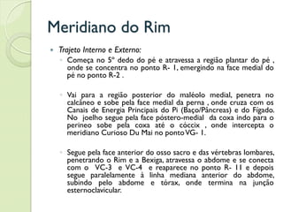 Meridiano do Rim
 Trajeto Interno e Externo:
◦ Começa no 5º dedo do pé e atravessa a região plantar do pé ,
onde se concentra no ponto R- 1, emergindo na face medial do
pé no ponto R-2 .
◦ Vai para a região posterior do maléolo medial, penetra no
calcâneo e sobe pela face medial da perna , onde cruza com os
Canais de Energia Principais do Pi (Baço/Pâncreas) e do Fígado.
No joelho segue pela face póstero-medial da coxa indo para o
perineo sobe pela coxa até o cóccix , onde intercepta o
meridiano Curioso Du Mai no pontoVG- 1.
◦ Segue pela face anterior do osso sacro e das vértebras lombares,
penetrando o Rim e a Bexiga, atravessa o abdome e se conecta
com o VC-3 e VC-4 e reaparece no ponto R- 11 e depois
segue paralelamente à linha mediana anterior do abdome,
subindo pelo abdome e tórax, onde termina na junção
esternoclavicular.
 