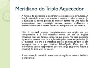 Meridiano do Triplo Aquecedor
◦ A função do pericárdio é controlar as emoções e a circulação. A
função do triplo aquecedor é criar e manter o calor no corpo (e
a digestão). O corpo precisa se manter dentro de uma faixa de
temperatura, caso contrário ocorre muitos problemas, e
eventualmente até a morte física se a temperatura cair demais.
◦ Não é possível separar completamente um órgão do seu
companheiro e é fácil observar como um par de órgãos
influencia mais um função corpórea que outra. No caso do triplo
aquecedor, vemos uma interação triangular entre os pulmões (e
a “digestão” do ar) e o intestino grosso, combinada com o par
baço/pâncreas e o par vesícula biliar/fígado. Cada par de
meridianos sendo responsável por um terço (superior, média e
inferior) de área vital no corpo.
◦ A outra função do triplo aquecedor é regular o sistema linfático
e endócrino.
 