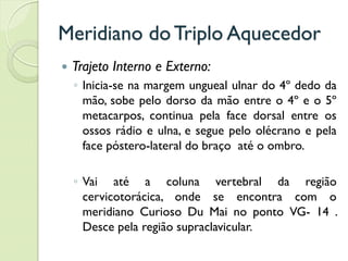 Meridiano do Triplo Aquecedor
 Trajeto Interno e Externo:
◦ Inicia-se na margem ungueal ulnar do 4º dedo da
mão, sobe pelo dorso da mão entre o 4º e o 5º
metacarpos, continua pela face dorsal entre os
ossos rádio e ulna, e segue pelo olécrano e pela
face póstero-lateral do braço até o ombro.
◦ Vai até a coluna vertebral da região
cervicotorácica, onde se encontra com o
meridiano Curioso Du Mai no ponto VG- 14 .
Desce pela região supraclavicular.
 