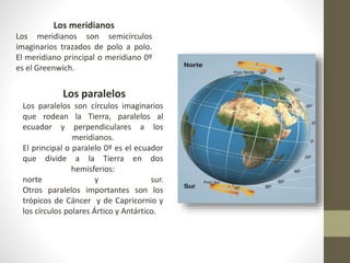 Los meridianos
Los meridianos son semicírculos
imaginarios trazados de polo a polo.
El meridiano principal o meridiano 0º
es el Greenwich.
Los paralelos
Los paralelos son círculos imaginarios
que rodean la Tierra, paralelos al
ecuador y perpendiculares a los
meridianos.
El principal o paralelo 0º es el ecuador
que divide a la Tierra en dos
hemisferios:
norte y sur.
Otros paralelos importantes son los
trópicos de Cáncer y de Capricornio y
los círculos polares Ártico y Antártico.