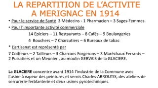 LA REPARTITION DE L’ACTIVITE
A MERIGNAC EN 1914
• Pour le service de Santé 3 Médecins - 1 Pharmacien – 3 Sages-Femmes.
• Pour l’importante activité commerciale
14 Epiciers – 11 Restaurants – 8 Cafés – 9 Boulangeries
4 Bouchers – 7 Charcutiers – 6 Bureaux de tabac
* L’artisanat est représenté par
7 Coiffeurs – 2 Tailleurs – 3 Charrons Forgerons – 3 Maréchaux Ferrants –
2 Puisatiers et un Meunier , au moulin GERVAIS de la GLACIERE.
La GLACIERE concentre avant 1914 l’industrie de la Commune avec
l’usine à vapeur des peintures et vernis Charles ARROUTIS, des ateliers de
serrurerie-ferblanterie et deux usines pyrotechniques.
 