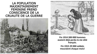 LA POPULATION
MAJORITAIREMENT
FEMININE PREND
CONSCIENCE DE LA
CRUAUTE DE LA GUERRE
Fin 1914 300 000 hommes
avaient déjà perdu la vie côté
français.
Fin 1915 29 000 soldats
mouraient chaque mois!
 