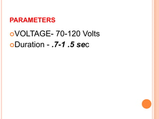 PARAMETERS
VOLTAGE- 70-120 Volts
Duration - .7-1 .5 sec
 
