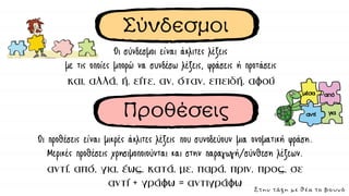 Σύνδεσμοι
Οι προθέσεις είναι μικρές άκλιτες λέξεις που συνοδεύουν μια ονοματική φράση.
Μερικές προθέσεις χρησιμοποιούνται και στην παραγωγή/σύνθεση λέξεων.
Οι σύνδεσμοι είναι άκλιτες λέξεις
με τις οποίες μπορώ να συνδέσω λέξεις, φράσεις ή προτάσεις
Προθέσεις
Στην τάξη με θέα το βουνό
 