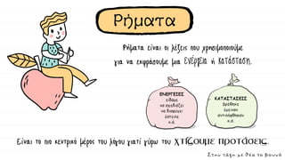 Ρήματα
Είναι το πιο κεντρικό μέρος του λόγου γιατί γύρω του .
Ρήματα είναι οι λέξεις που χρησιμοποιούμε
για να εκφράσουμε μια ενέργεια ή κατάσταση.
Στην τάξη με θέα το βουνό
 