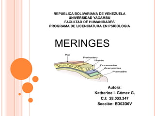 REPUBLICA BOLIVARIANA DE VENEZUELA
UNIVERSIDAD YACAMBU
FACULTAD DE HUMANIDADES
PROGRAMA DE LICENCIATURA EN PSICOLOGIA
Autora:
Katherine I. Gómez G.
C.I: 28.033.347
Sección: ED02D0V
MERINGES
 