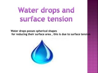 Water drops posses spherical shapes 
for reducing their surface area , this is due to surface tension 
 