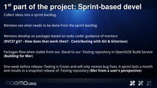 st
1  part of the project: Sprint­based devel
Collect ideas into a sprint backlog.


Mentees see what needs to be done from the sprint backlog


Mentees develop on packages based on tasks under guidance of mentors
(DVCS? git? - How does that work then? , Contributing with Git & Gitorious)


Packages flow when stable from our :Devel to our :Testing repository in OpenSUSE Build Service
(Building for Mer)


One week before release :Testing is frozen and will only receive bug fixes. A sprint lasts a month
and results in a snapshot release of :Testing repository (Mer from a user's perspective)


                                         8
 
