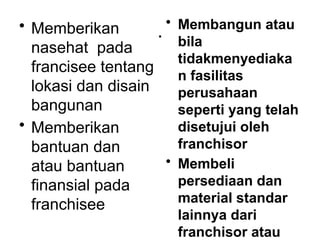 .
• Memberikan
nasehat pada
francisee tentang
lokasi dan disain
bangunan
• Memberikan
bantuan dan
atau bantuan
finansial pada
franchisee
• Membangun atau
bila
tidakmenyediaka
n fasilitas
perusahaan
seperti yang telah
disetujui oleh
franchisor
• Membeli
persediaan dan
material standar
lainnya dari
franchisor atau
 