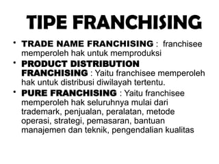 TIPE FRANCHISING
• TRADE NAME FRANCHISING : franchisee
memperoleh hak untuk memproduksi
• PRODUCT DISTRIBUTION
FRANCHISING : Yaitu franchisee memperoleh
hak untuk distribusi diwilayah tertentu.
• PURE FRANCHISING : Yaitu franchisee
memperoleh hak seluruhnya mulai dari
trademark, penjualan, peralatan, metode
operasi, strategi, pemasaran, bantuan
manajemen dan teknik, pengendalian kualitas
 