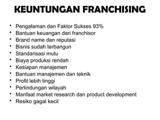 KEUNTUNGAN FRANCHISING
• Pengalaman dan Faktor Sukses 93%
• Bantuan keuangan dari franchisor
• Brand name dan reputasi
• Bisnis sudah terbangun
• Standarisasi mutu
• Biaya produksi rendah
• Kesiapan manajemen
• Bantuan manajemen dan teknik
• Profit lebih tinggi
• Perlindungan wilayah
• Manfaat market research dan product development
• Resiko gagal kecil
 