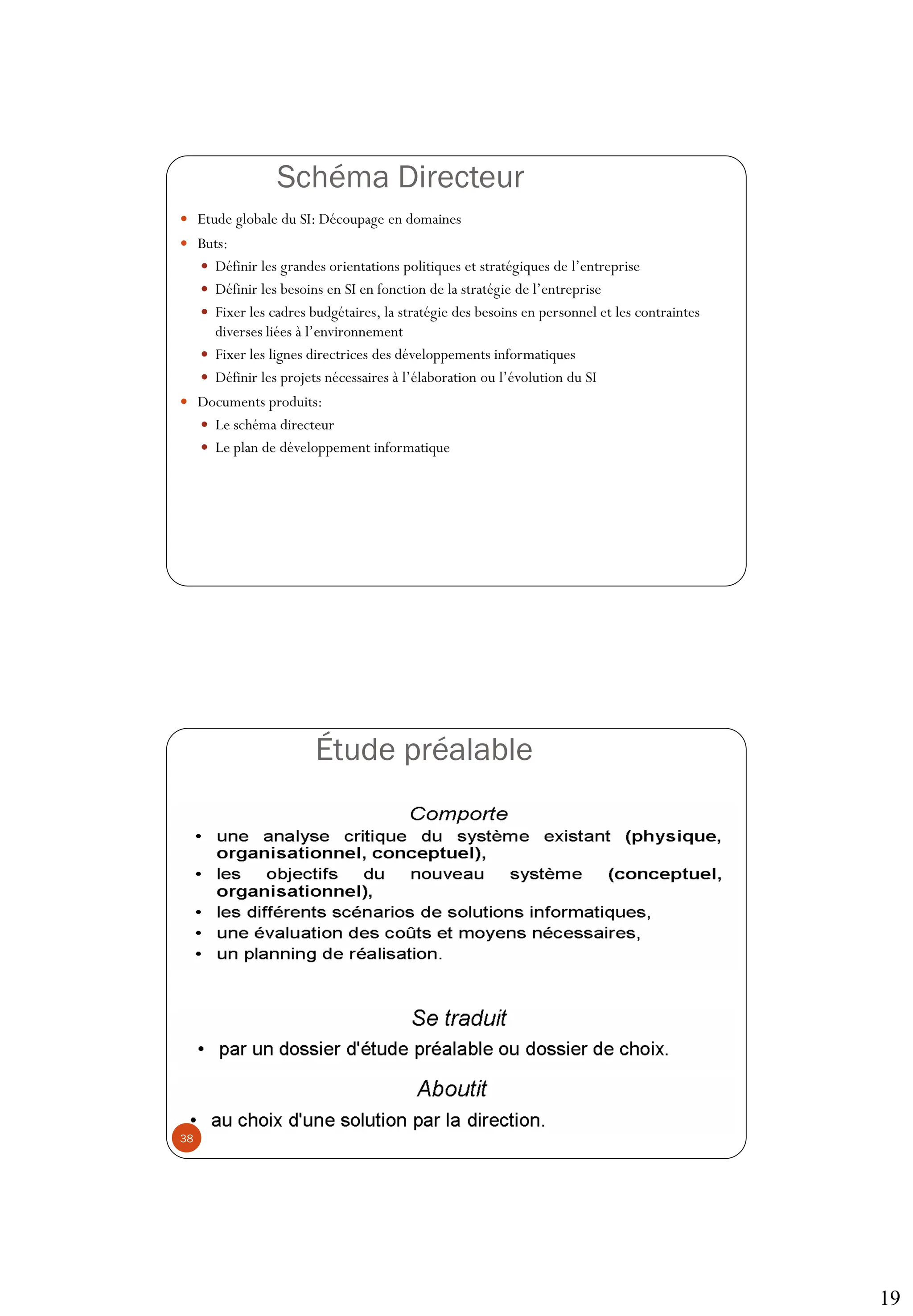 19
Schéma Directeur
37
 Etude globale du SI: Découpage en domaines
 Buts:
 Définir les grandes orientations politiques et stratégiques de l’entreprise
 Définir les besoins en SI en fonction de la stratégie de l’entreprise
 Fixer les cadres budgétaires, la stratégie des besoins en personnel et les contraintes
diverses liées à l’environnement
 Fixer les lignes directrices des développements informatiques
 Définir les projets nécessaires à l’élaboration ou l’évolution du SI
 Documents produits:
 Le schéma directeur
 Le plan de développement informatique
Étude préalable
38
 