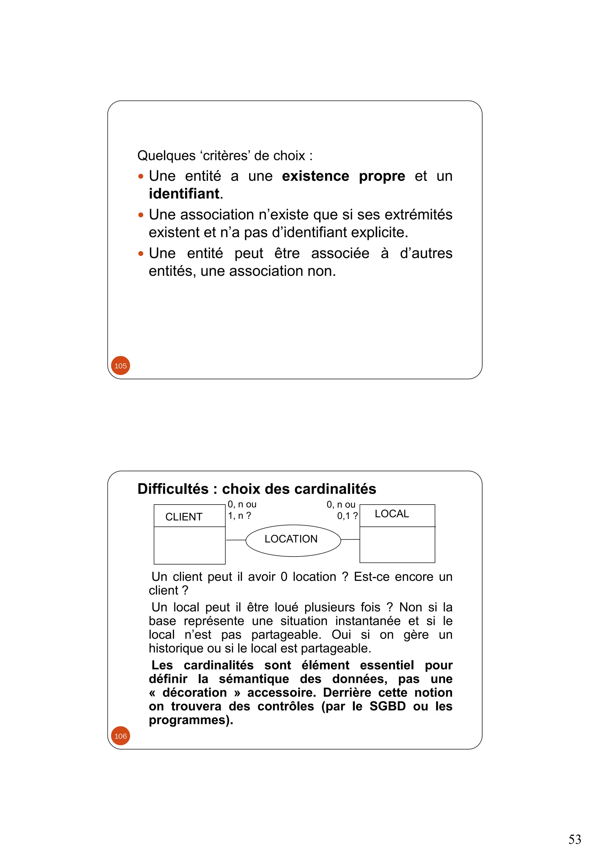 53
Quelques ‘critères’ de choix :
 Une entité a une existence propre et un
identifiant.
 Une association n’existe que si ses extrémités
existent et n’a pas d’identifiant explicite.
 Une entité peut être associée à d’autres
entités, une association non.
105
Difficultés : choix des cardinalités
Un client peut il avoir 0 location ? Est-ce encore un
client ?
Un local peut il être loué plusieurs fois ? Non si la
base représente une situation instantanée et si le
local n’est pas partageable. Oui si on gère un
historique ou si le local est partageable.
Les cardinalités sont élément essentiel pour
définir la sémantique des données, pas une
« décoration » accessoire. Derrière cette notion
on trouvera des contrôles (par le SGBD ou les
programmes).
CLIENT LOCAL
LOCATION
0, n ou
1, n ?
0, n ou
0,1 ?
106
 