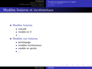 Introduction
Modèles conceptuels
Modèles organisationnels et logiques
Modèles physiques
Processus de développement d’un logiciel
La méthode MERISE
Le Projet
Modèles linéaires et incrémentaux
Modèles linéaires
cascade
modèle en V
...
Modèles non linéaires
prototypage
modèles incrémentaux
modèle en spirale
...
Pierre Gérard MERISE
 