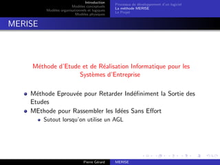 Introduction
Modèles conceptuels
Modèles organisationnels et logiques
Modèles physiques
Processus de développement d’un logiciel
La méthode MERISE
Le Projet
MERISE
Méthode d’Etude et de Réalisation Informatique pour les
Systèmes d’Entreprise
Méthode Eprouvée pour Retarder Indéfiniment la Sortie des
Etudes
MEthode pour Rassembler les Idées Sans Effort
Sutout lorsqu’on utilise un AGL
Pierre Gérard MERISE
 