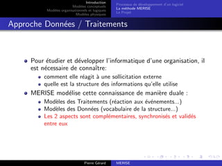 Introduction
Modèles conceptuels
Modèles organisationnels et logiques
Modèles physiques
Processus de développement d’un logiciel
La méthode MERISE
Le Projet
Approche Données / Traitements
Pour étudier et développer l’informatique d’une organisation, il
est nécessaire de connaı̂tre:
comment elle réagit à une sollicitation externe
quelle est la structure des informations qu’elle utilise
MERISE modélise cette connaissance de manière duale :
Modèles des Traitements (réaction aux événements...)
Modèles des Données (vocabulaire de la structure...)
Les 2 aspects sont complémentaires, synchronisés et validés
entre eux
Pierre Gérard MERISE
 