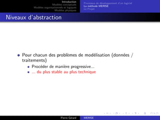 Introduction
Modèles conceptuels
Modèles organisationnels et logiques
Modèles physiques
Processus de développement d’un logiciel
La méthode MERISE
Le Projet
Niveaux d’abstraction
Pour chacun des problèmes de modélisation (données /
traitements)
Procéder de manière progressive...
... du plus stable au plus technique
Pierre Gérard MERISE
 